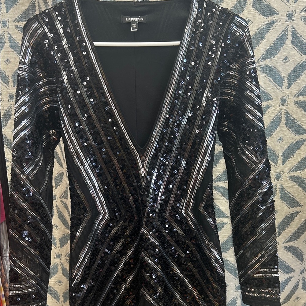 Express Black and Silver Sequin V-Neck Dress